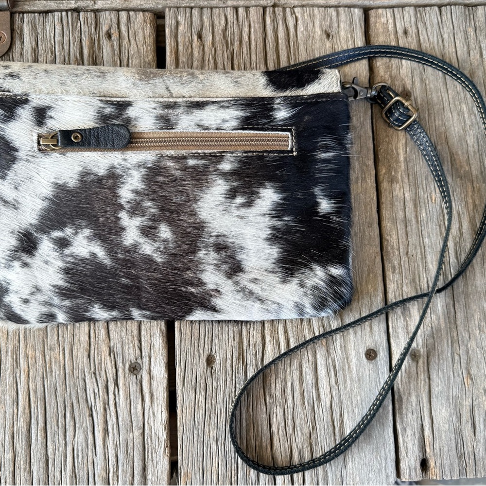 Myra Bag Blue Crescent Hand Tooled Leather Cow Hide Hair On Bag purse - Picture 3 of 9